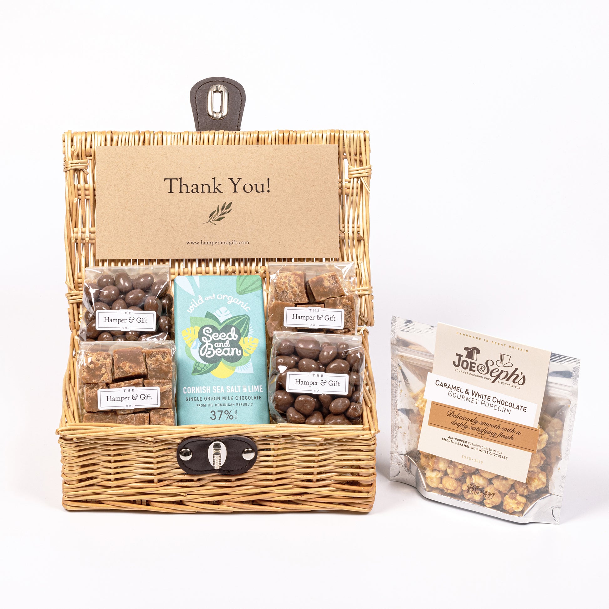 Thank You Hamper filled with chocolate, fudge and gourmet popcorn
