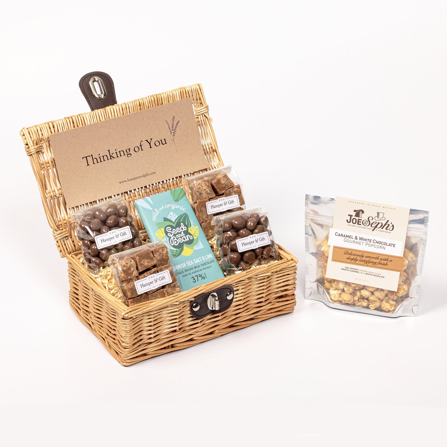 Thinking of You Hamper filled with chocolate, fudge and gourmet popcorn