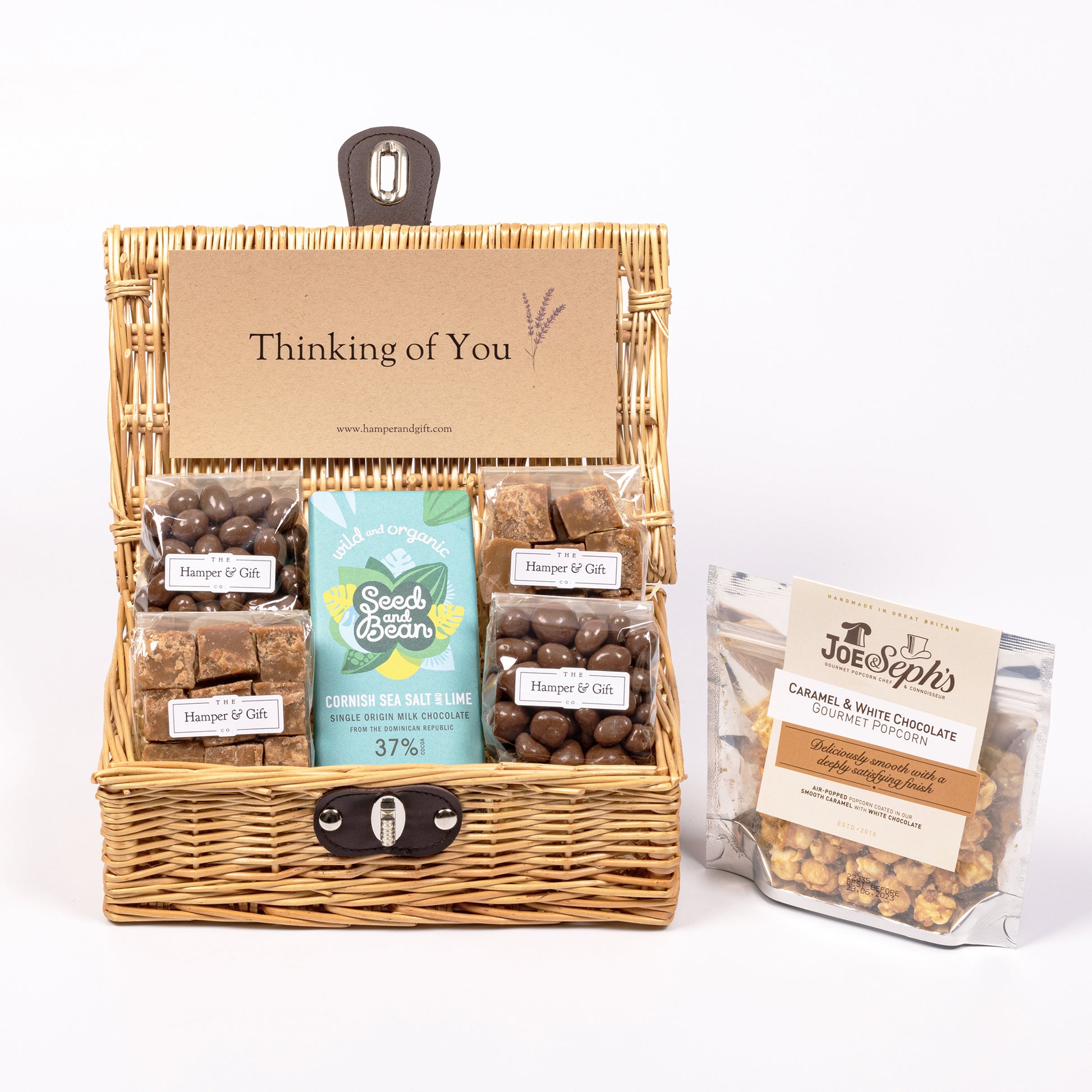 Thinking of You Hamper filled with chocolate, fudge and gourmet popcorn