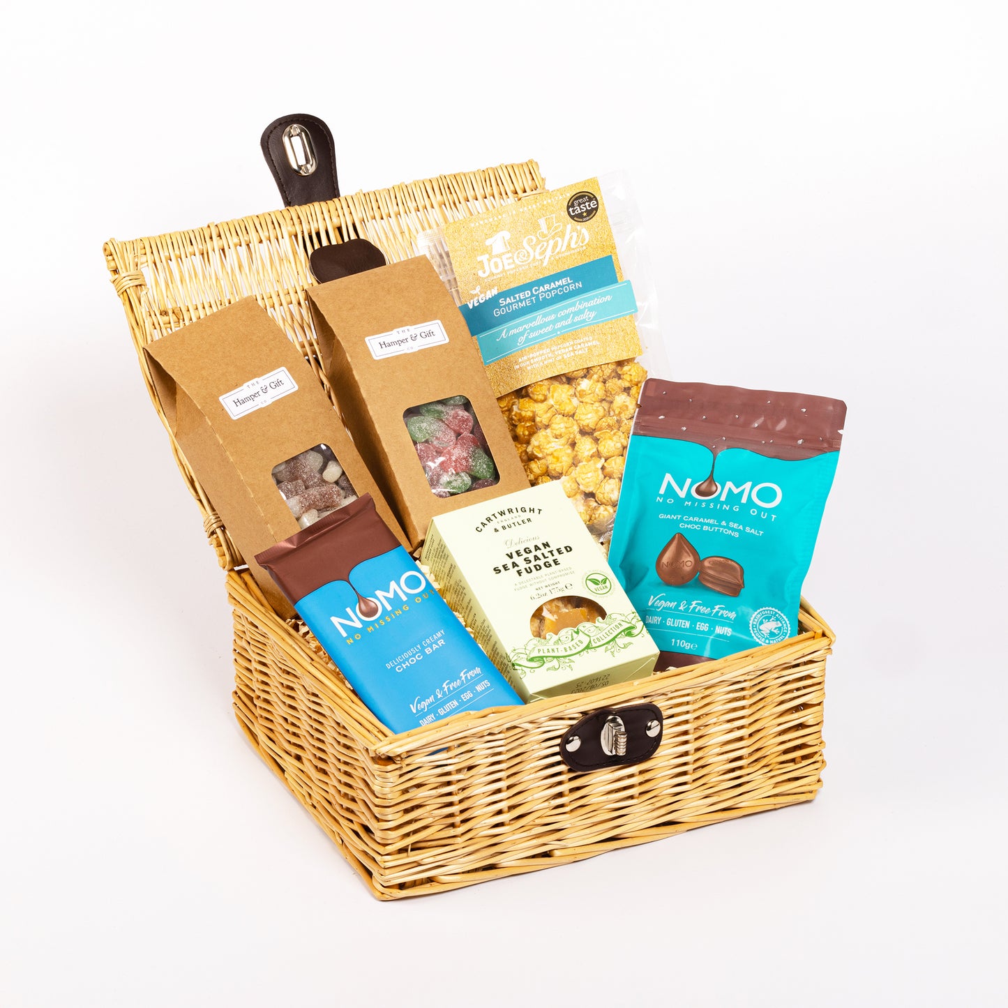 Vegan Hamper filled with a variety of chocolate, fudge, sweets and gourmet popcorn