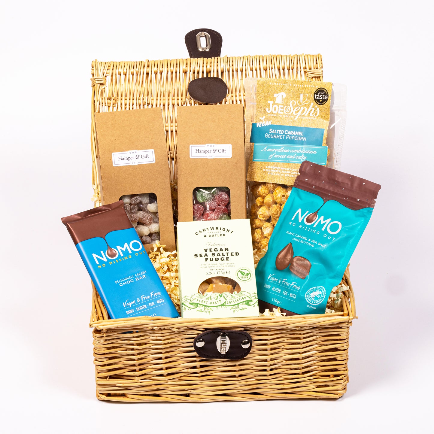 Vegan Hamper filled with a variety of chocolate, fudge, sweets and gourmet popcorn