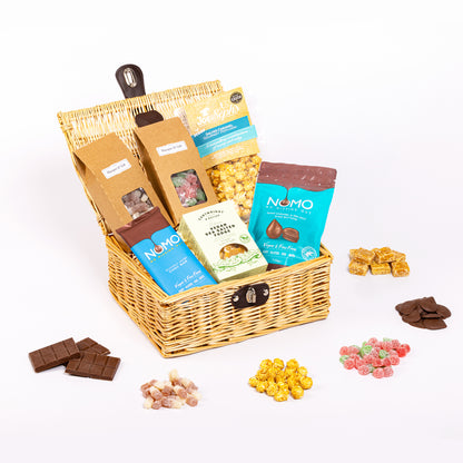 Vegan Hamper filled with a variety of chocolate, fudge, sweets and gourmet popcorn