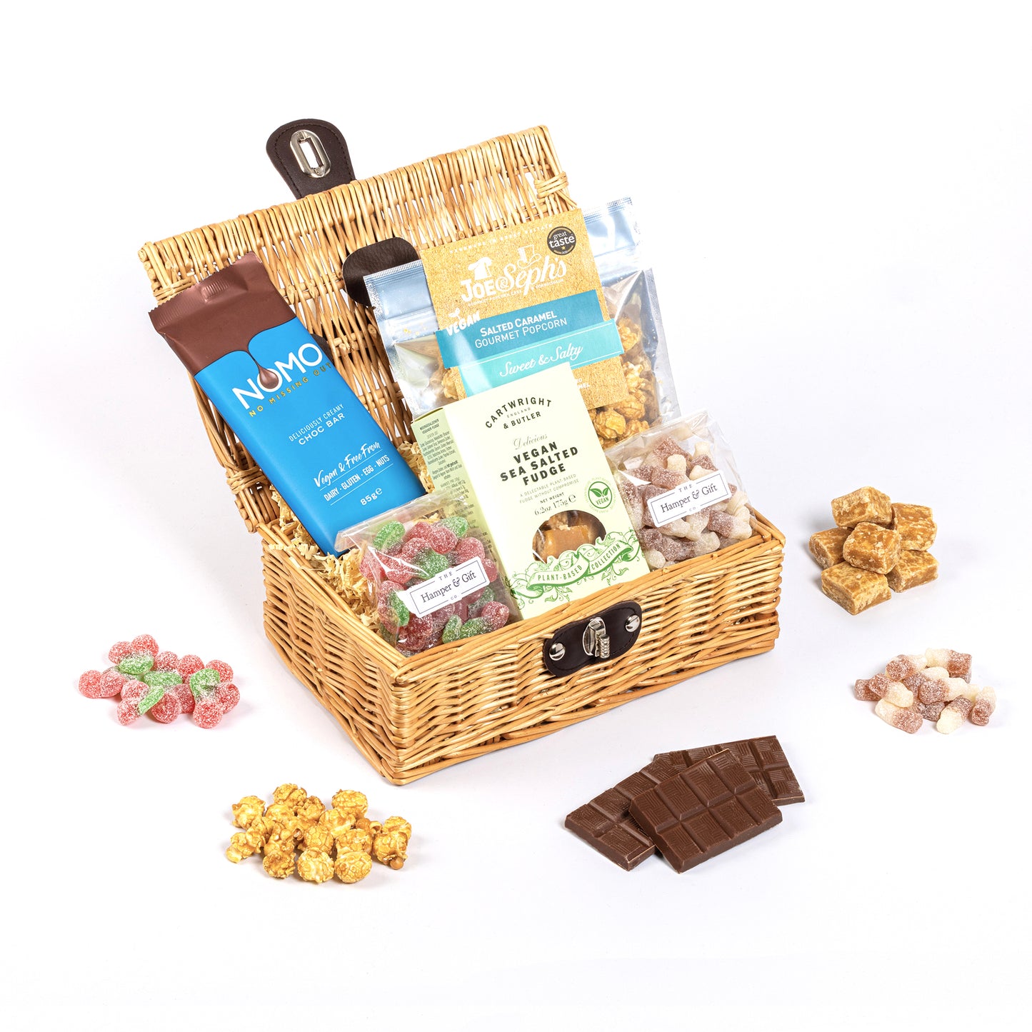 Little Vegan Hamper filled with a variety of chocolate, fudge, sweets and gourmet popcorn