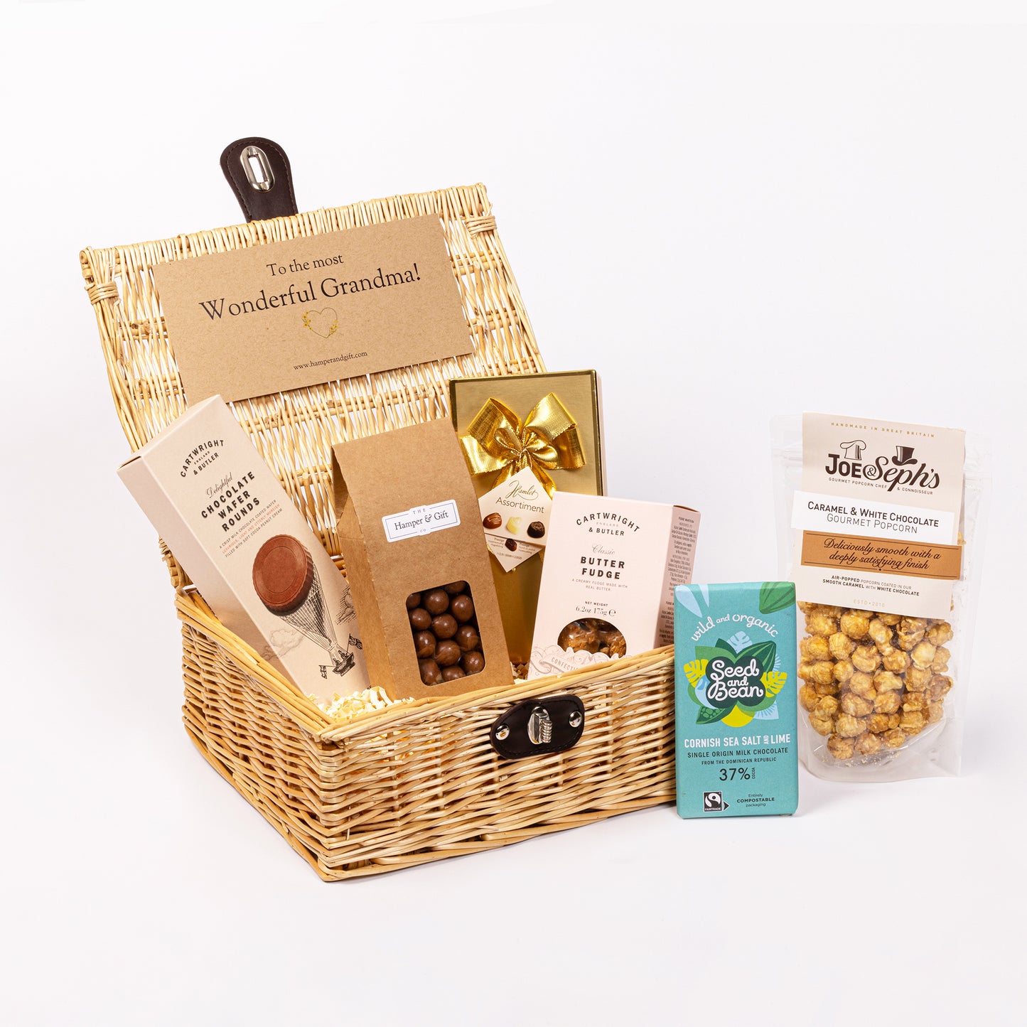 Wonderful Grandma Chocolate & Fudge Hamper filled with a variety of chocolate, fudge, biscuit and gourmet popcorn