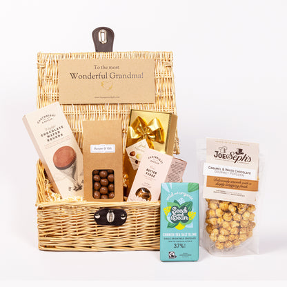 Wonderful Grandma Chocolate & Fudge Hamper filled with a variety of chocolate, fudge, biscuit and gourmet popcorn