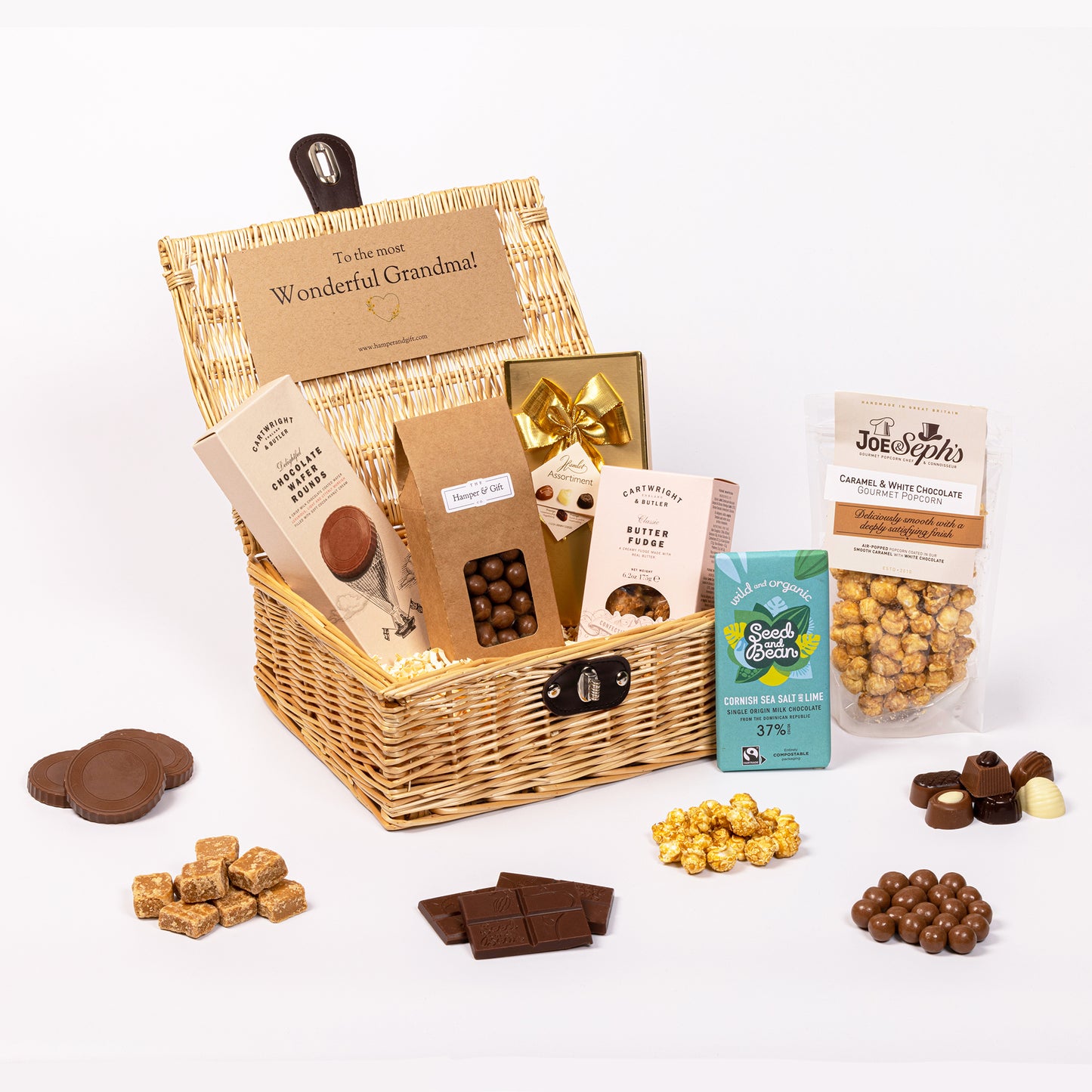 Wonderful Grandma Chocolate & Fudge Hamper filled with a variety of chocolate, fudge, biscuit and gourmet popcorn